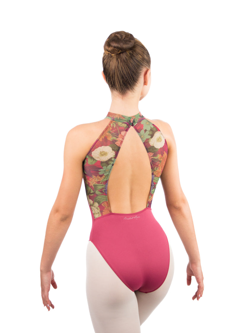 Avery High Neck Open Back with Floral Mesh Leotard