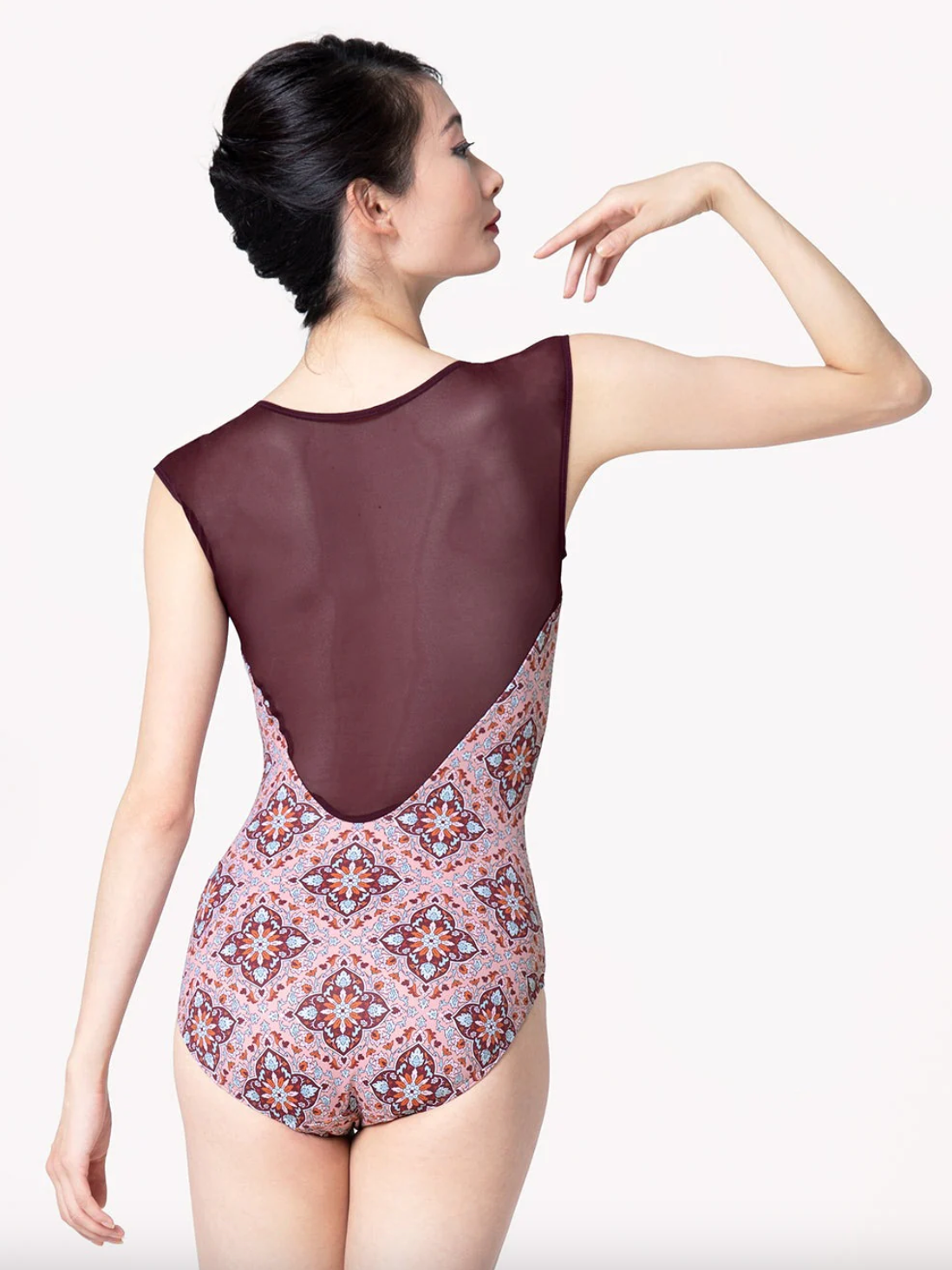 Kelsey Mesh Back Leotard with Sweetheart Neckline in Medallion