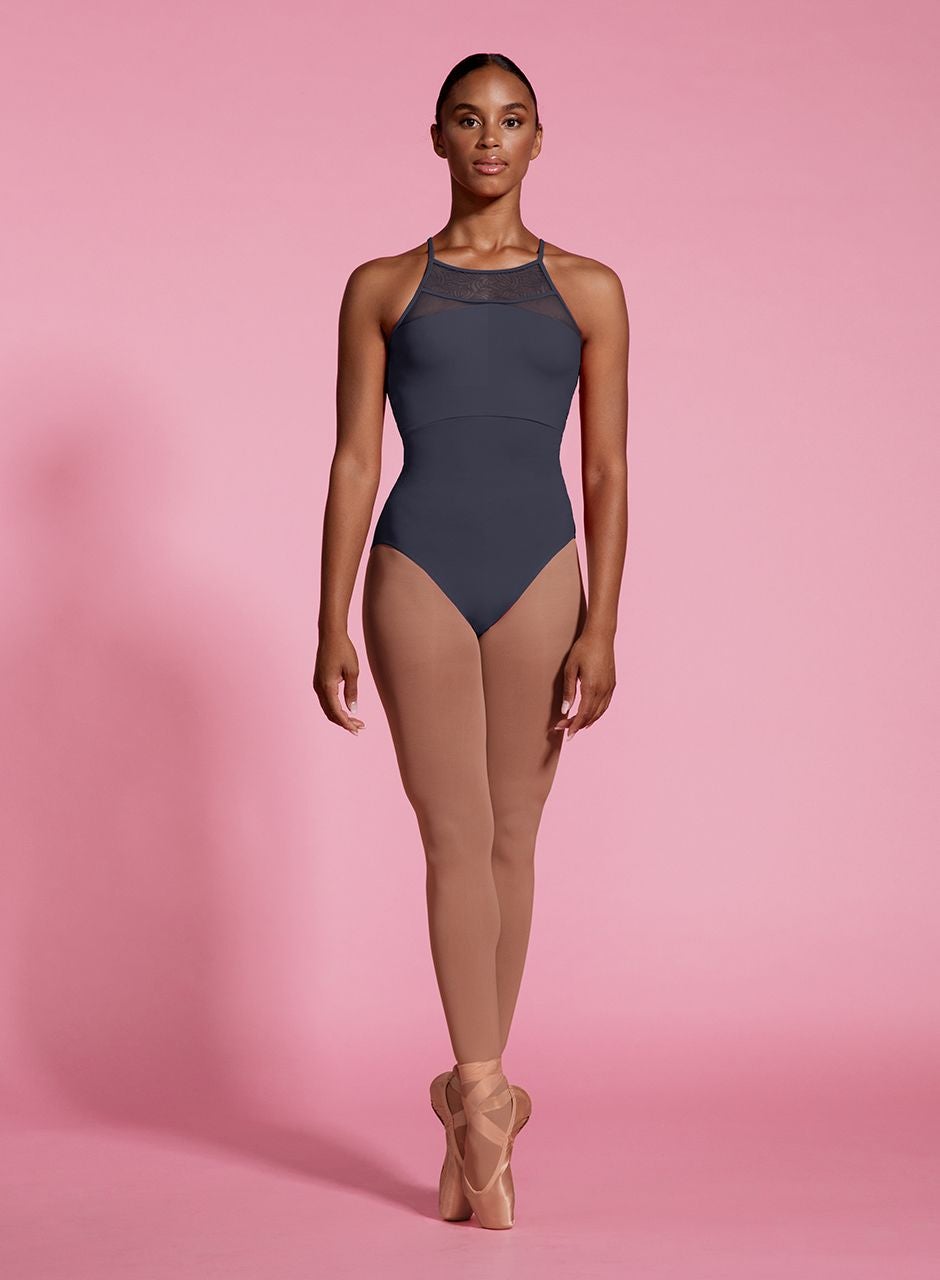 High Neck Leotard with Spliced Lace Halter Style